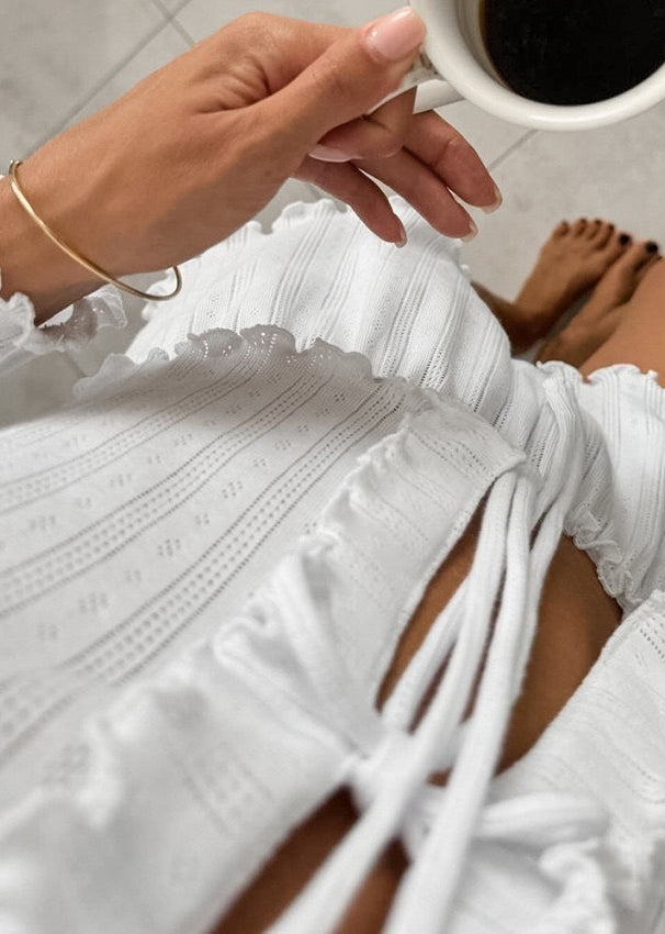 White Ruffled Lace Up Knit 2 Piece Outfit Summer