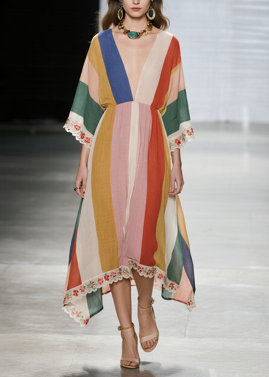 Unique Multicolored V Neck Lace Patchwork Cotton Dresses Summer