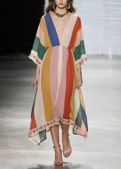 Unique Multicolored V Neck Lace Patchwork Cotton Dresses Summer