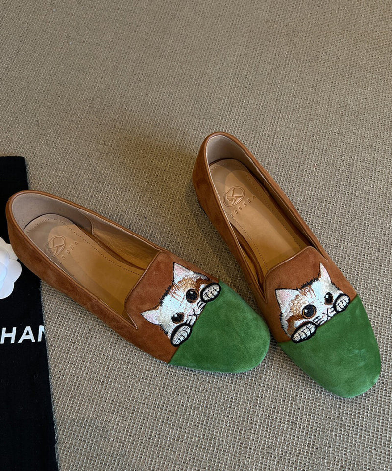 Splicing Penny Loafers Brown Suede Embroidered
