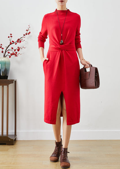Red Asymmetrical Side Open Silm Fit Knit Dresses Fall