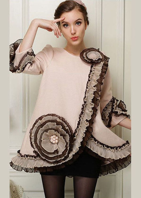 Apricot Patchwork Woolen Coats Ruffled Nail Bead Spring