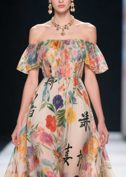 Khaki Cold Shoulder Print Chiffon Beach Dresses Summer