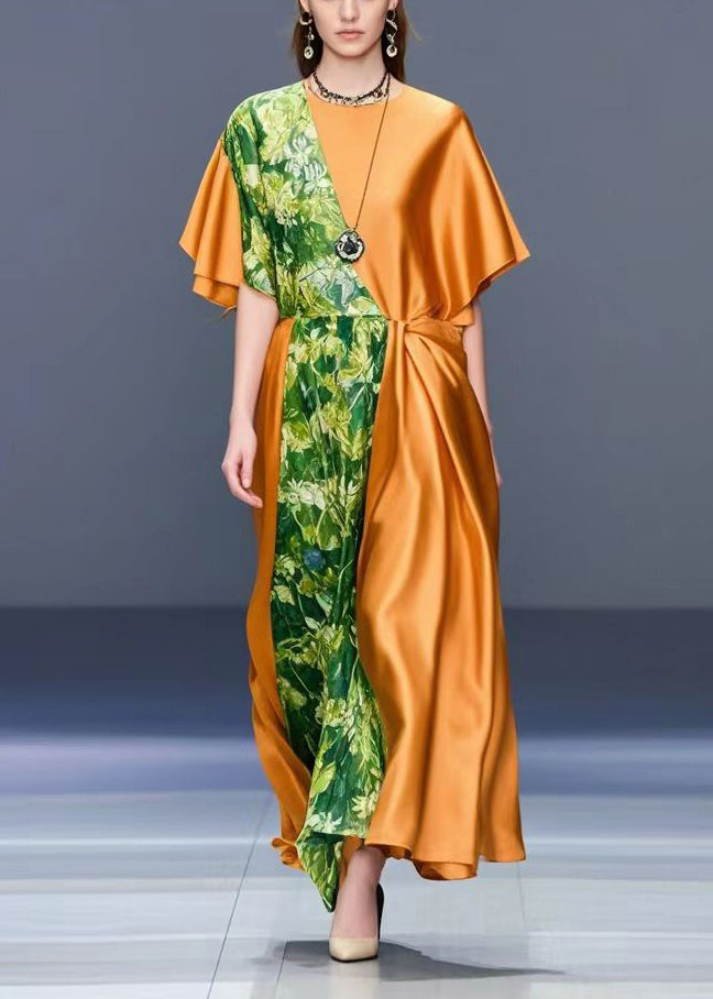 Orange Asymmetrical Patchwork Print Silk Dress Summer