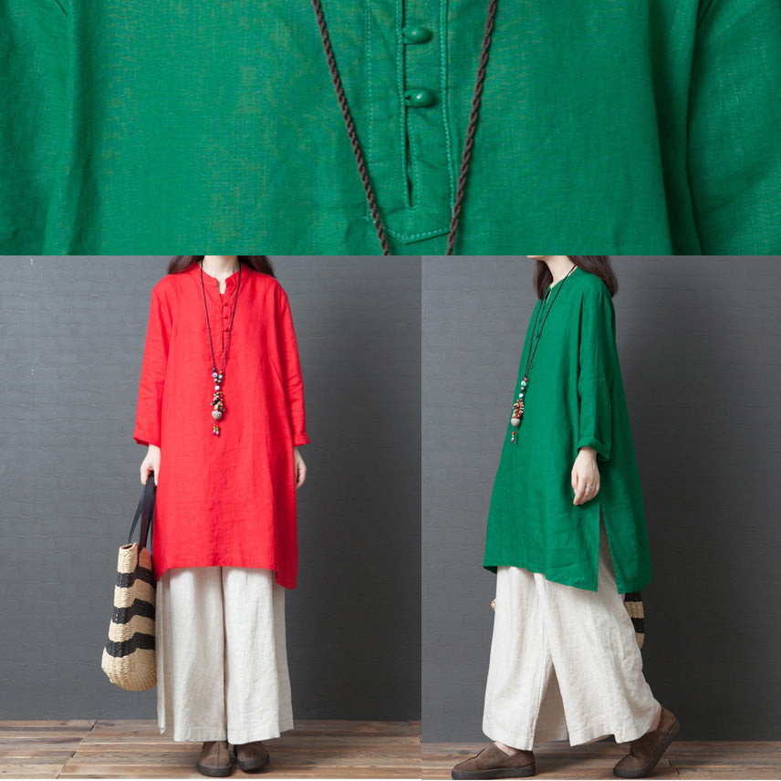 Green Linen Outfit Fabrics Chinese Button Short Side Open Dress Spring