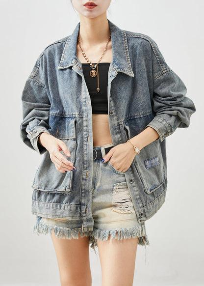 Blue Oversized Pockets Applique Denim Coats Fall