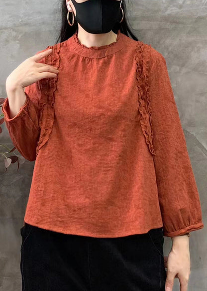 Orange O-neck Ruffled Patchwork Cotton Tops Fall