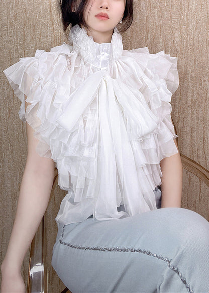 Black Layered Ruffled Stand Collar Bow Shirts Summer