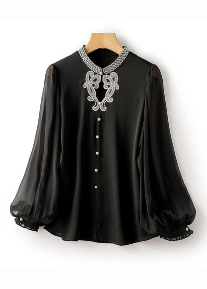 Black Embroideried Button Silk Shirts Long Sleeve