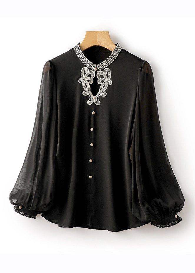 Black Embroideried Button Silk Shirts Long Sleeve