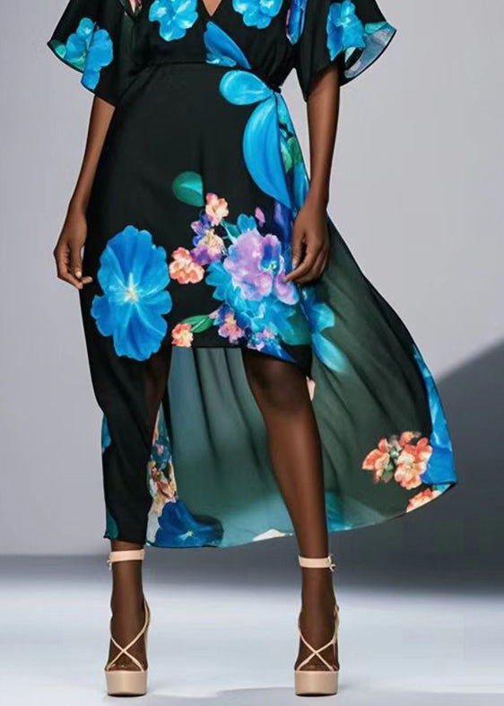 Black V Neck Print Chiffon Long Dresses Summer