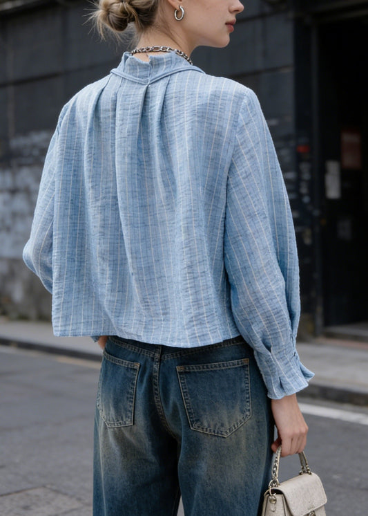 Natural Blue O Neck Striped Cotton Shirt Top Spring
