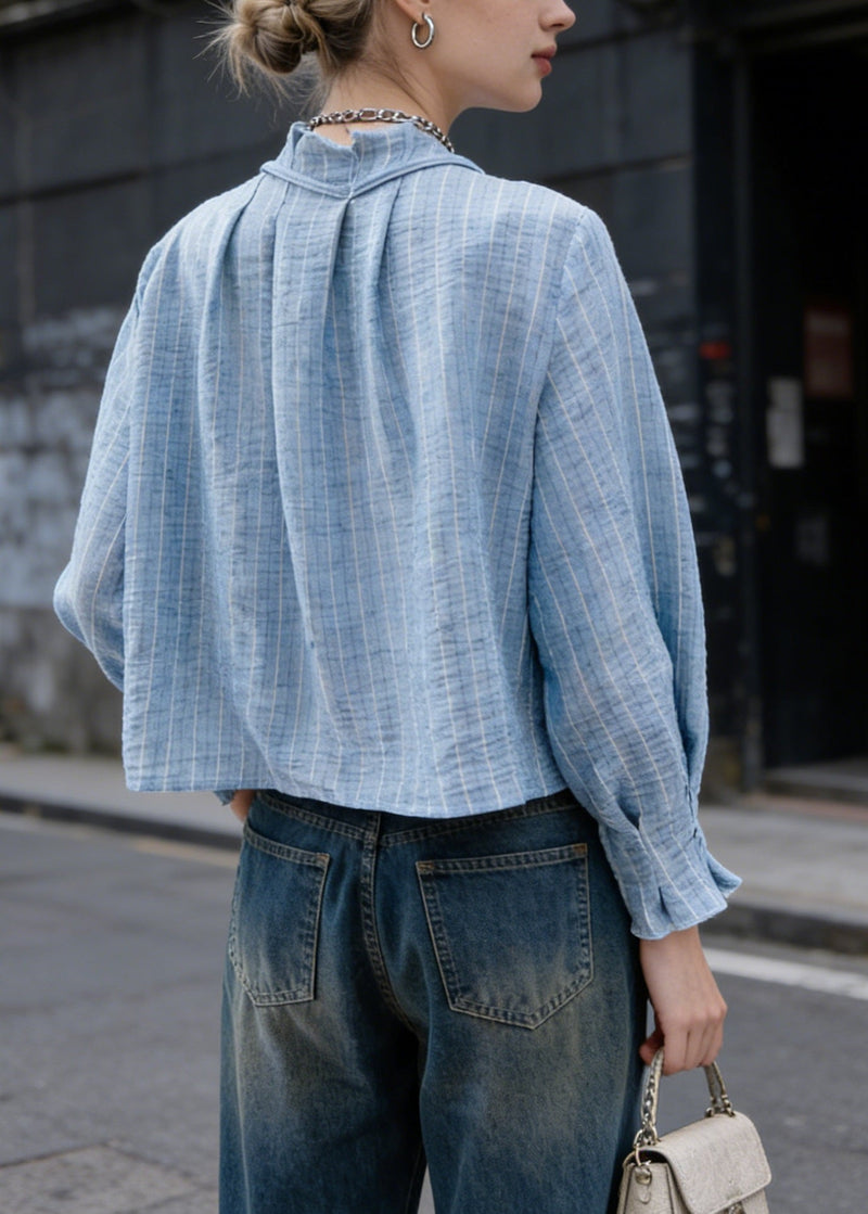 Natural Blue O Neck Striped Cotton Shirt Top Spring