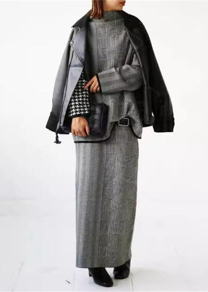 Loose Grey Plaid Knit Sweaters and Skirts Two Piece Set Outfits Fall