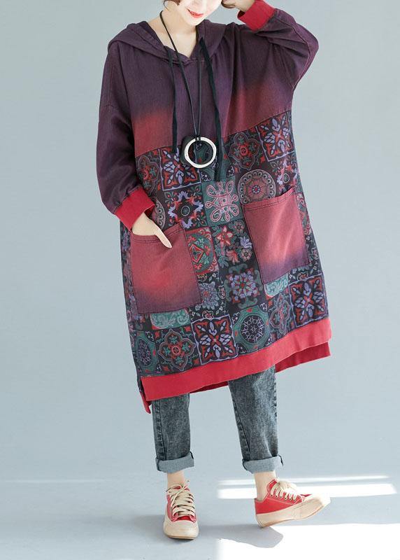Mulberry Hooded Pockets Patchwork Print Fall Sweatshirts Dress