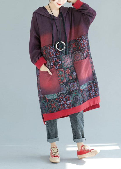 Mulberry Hooded Pockets Patchwork Print Fall Sweatshirts Dress