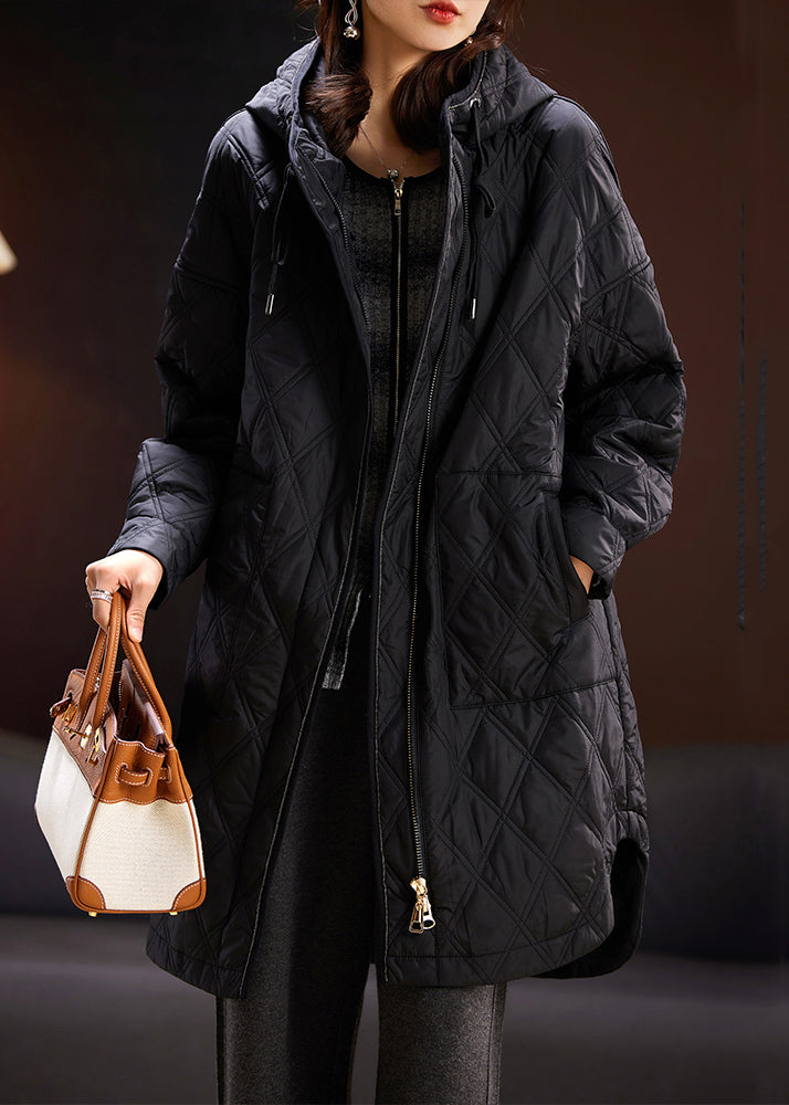 Black Hooded Zippered Pockets Cotton Filled Coats Spring