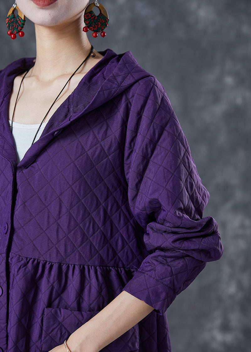 Purple Hooded Pockets Cotton Tench Coats Fall
