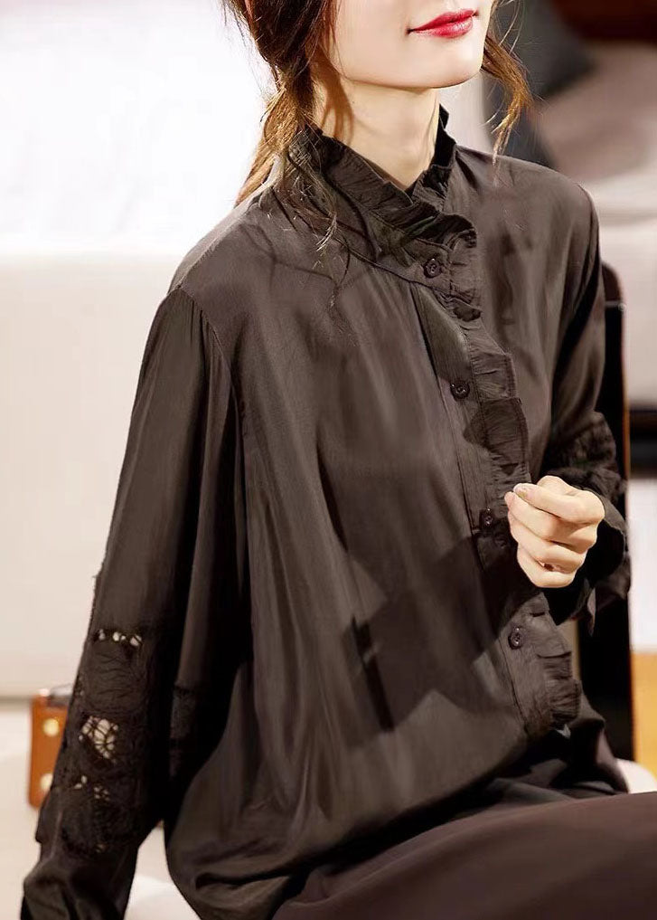 Chocolate Ruffled Hollow Out Chiffon Shirt Long Sleeve