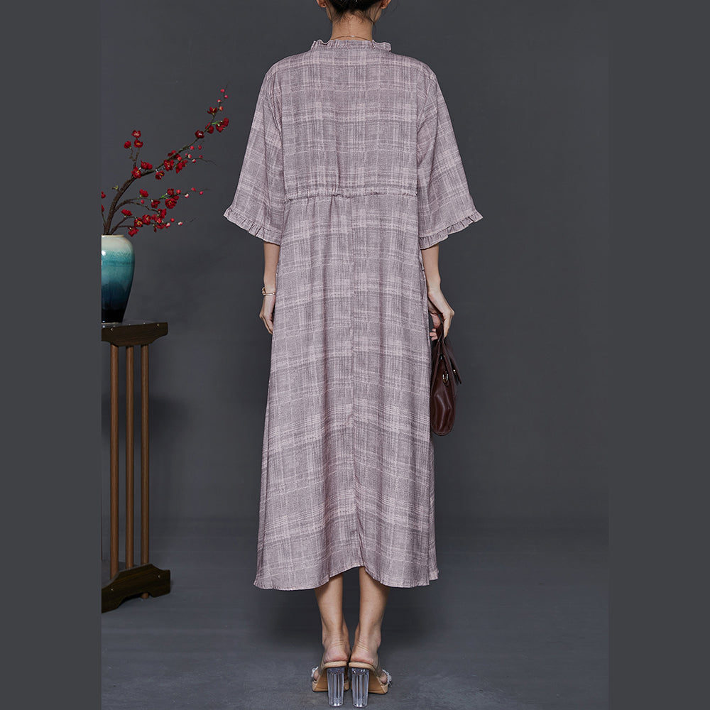 Art Grey Ruffled Drawstring Cotton Long Dress Summer