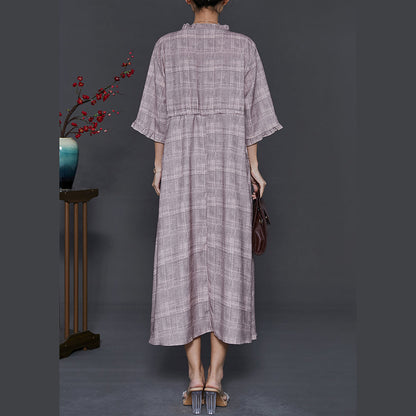 Art Grey Ruffled Drawstring Cotton Long Dress Summer