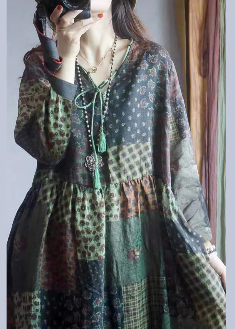 Colorblock Oversized Print Linen Long Dresses Spring