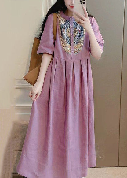 Purple Button Print Pockets Cotton Dresses Summer
