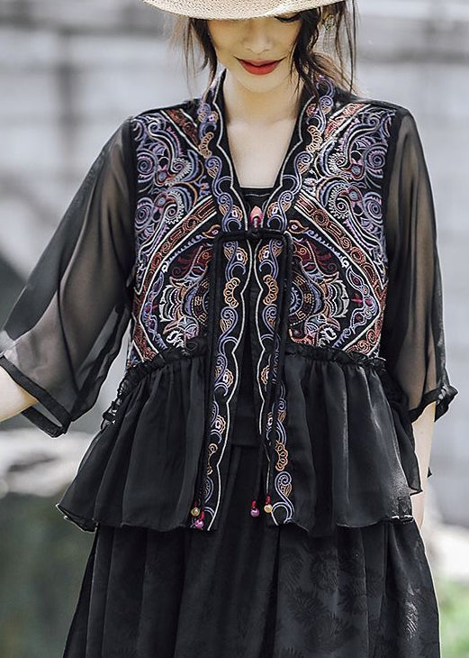 Black Style Embroideried Ruffled Linen Silk Blouse Tops Summer