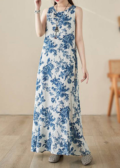 Blue O-neck Print Long Dress Summer
