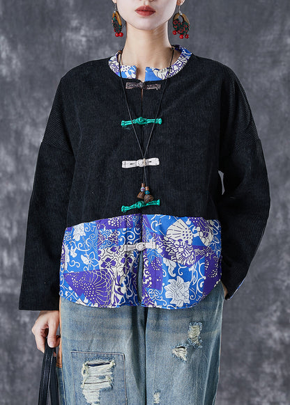 Black Print Patchwork Print Corduroy Coats Fall