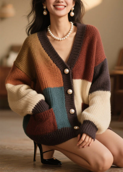 Colorblock Button Pockets Knit Cardigan Fall