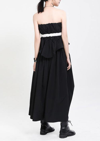 Handmade Black Patchwork Puff Sleeve Mid Dress Summer