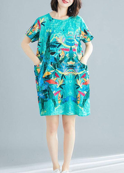 Green Print O-neck Pockets Summer Short Sleeve Party Dresses
