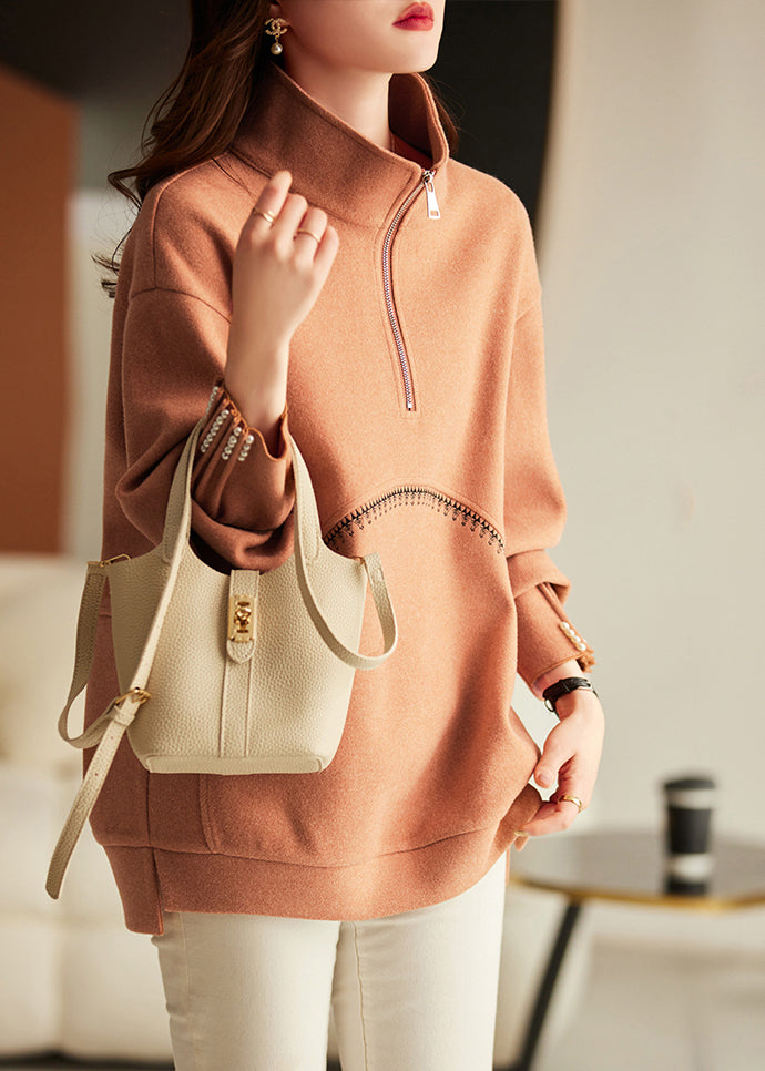 Brown Oversized Nail Bead Cotton Loose Sweatshirts Top Spring