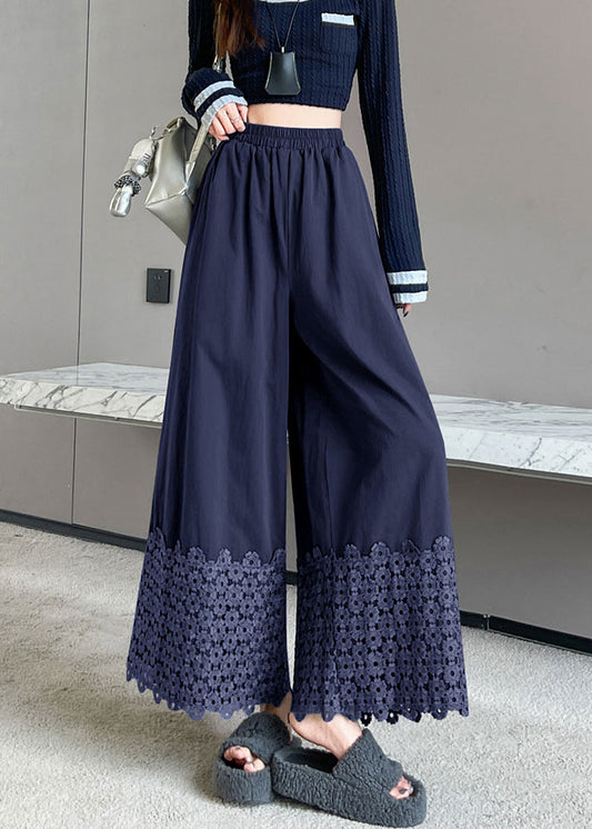 Navy Embroidered Cotton Crop Pants Fall