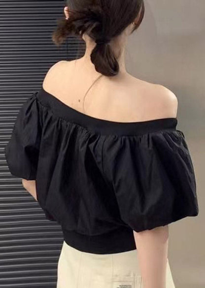 Black Slash Neck Wrinkled Zippered Shirts Puff Sleeve