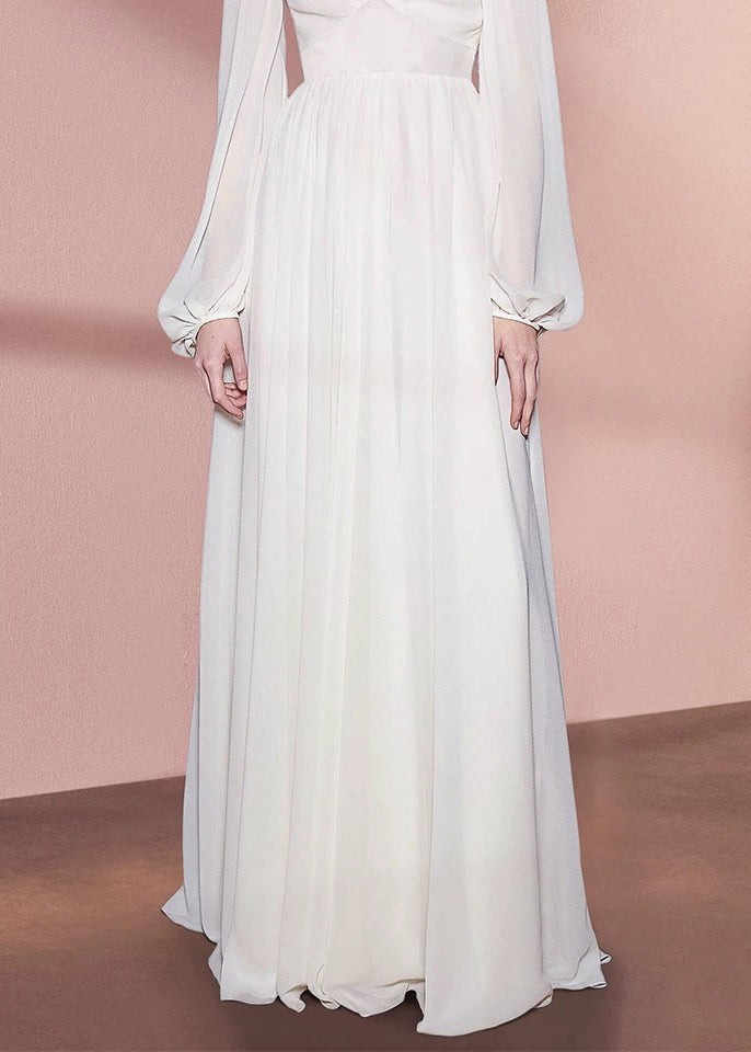 White V Neck High Waist Chiffon Holiday Dress Fall