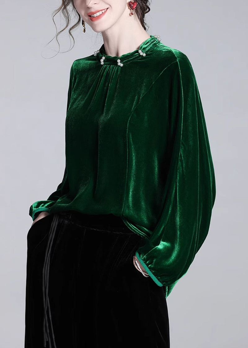Loose Green Nail Bead Silk Velour Blouse Batwing Sleeve