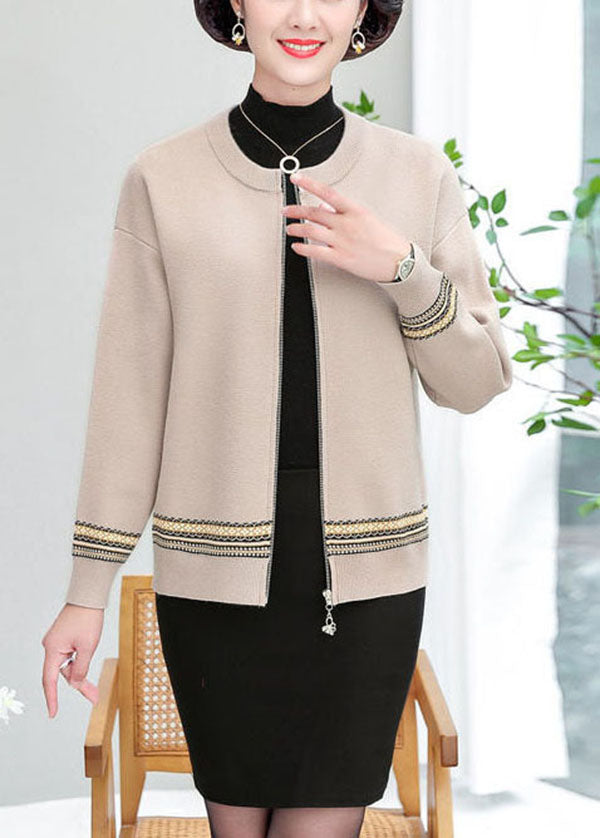 Apricot Patchwork Woolen Jackets O-neck Embroideried Long Sleeve