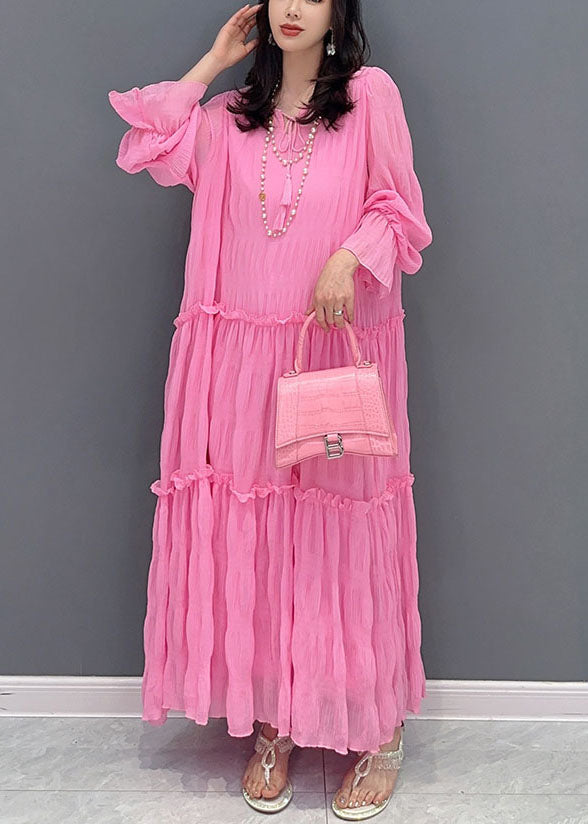 Pink Ruffled Lace Up Patchwork Chiffon Long Dress Summer
