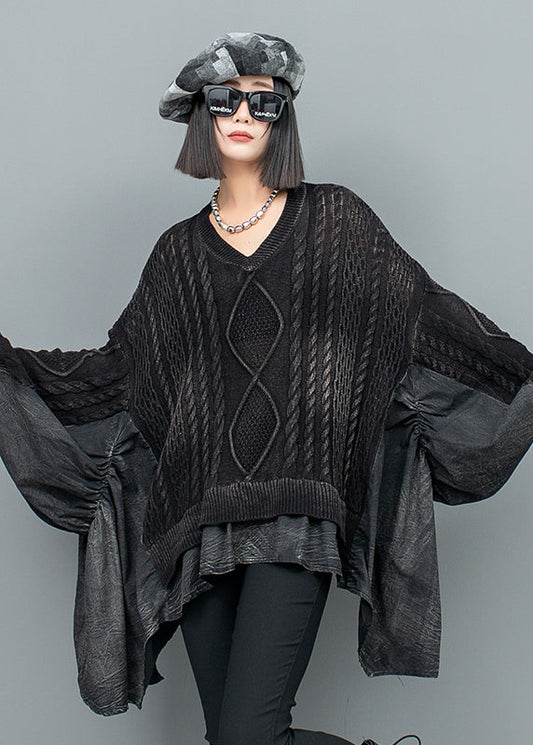 Black V Neck Patchwork Knit Sweater Batwing Sleeve
