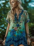 Blue Sequin Lace Floral Boho Art Women's V-neck Short Sleeve Long Shirt artswardrobe