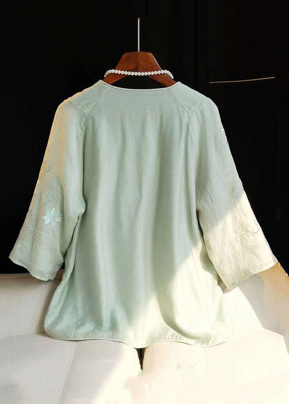 Green Embroidered Side Open Linen Shirt Bracelet Sleeve