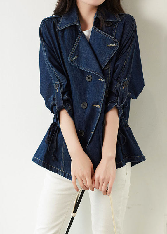 Blue Peter Pan Collar Pockets Drawstring Patchwork Denim Coat Fall
