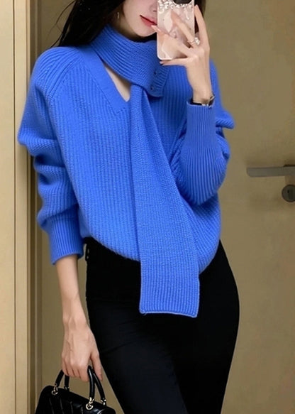 Stylish Blue V Neck With Scarf Knit Sweater Spring
