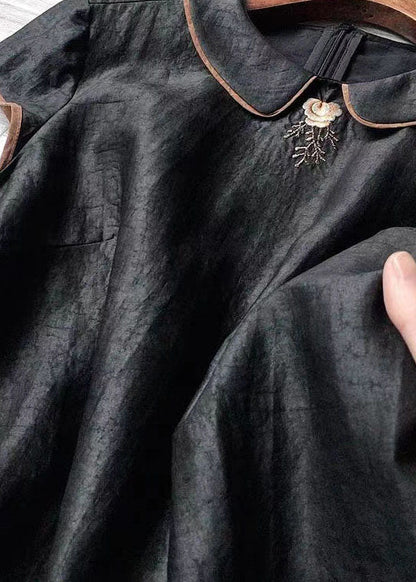 Black Peter Pan Collar Embroideried Silk Tops Summer