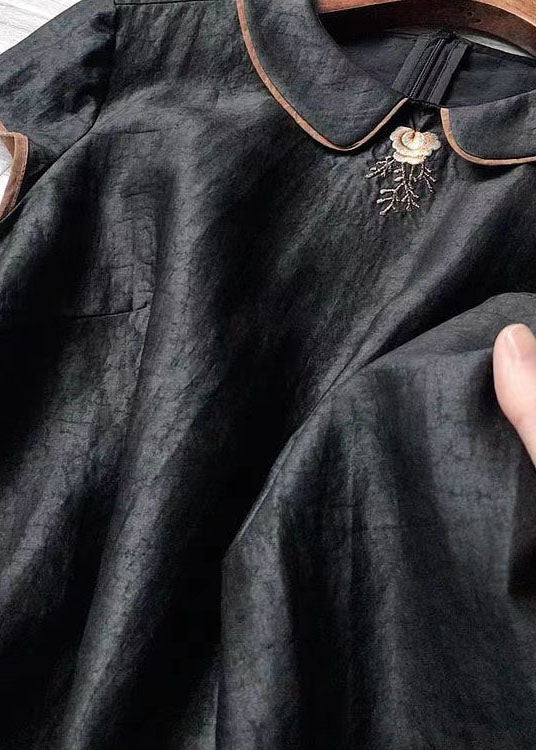 Black Peter Pan Collar Embroideried Silk Tops Summer