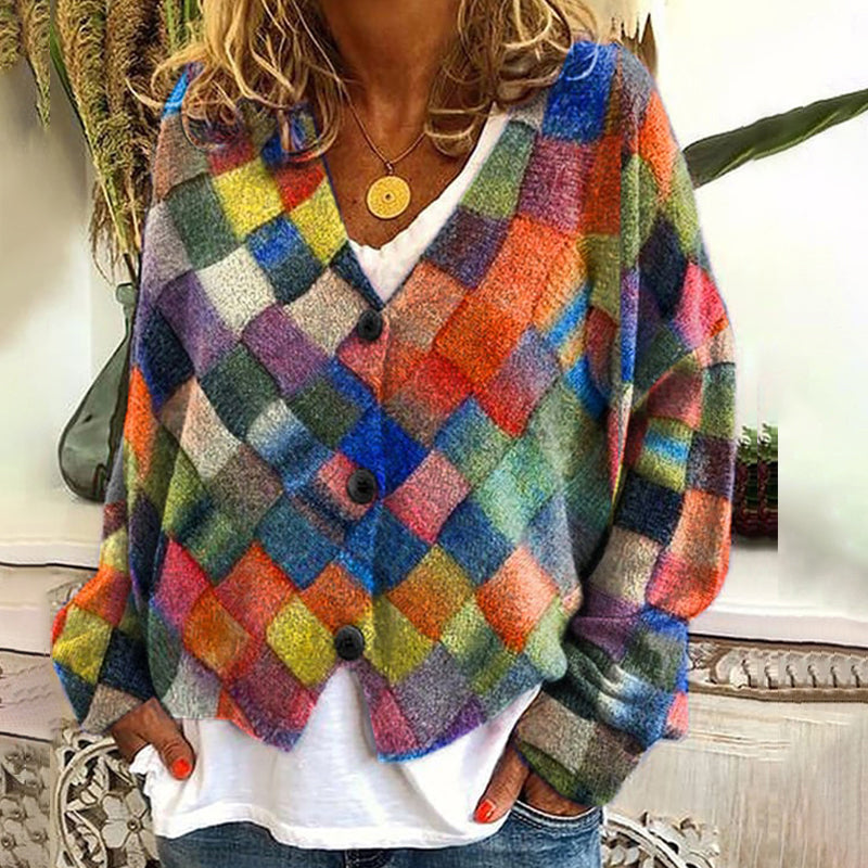 Vintage Geometric Print V-Neck Casual Knitted Cardigan elevenforest