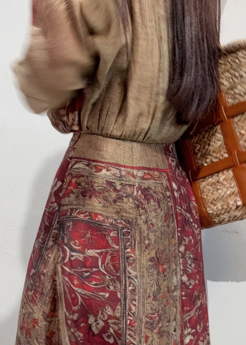 Coffee Cinched Print Linen Holiday Dress Summer