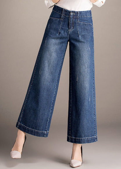 Denim Blue High Waist Pockets Draping Cotton Straight Pants Summer